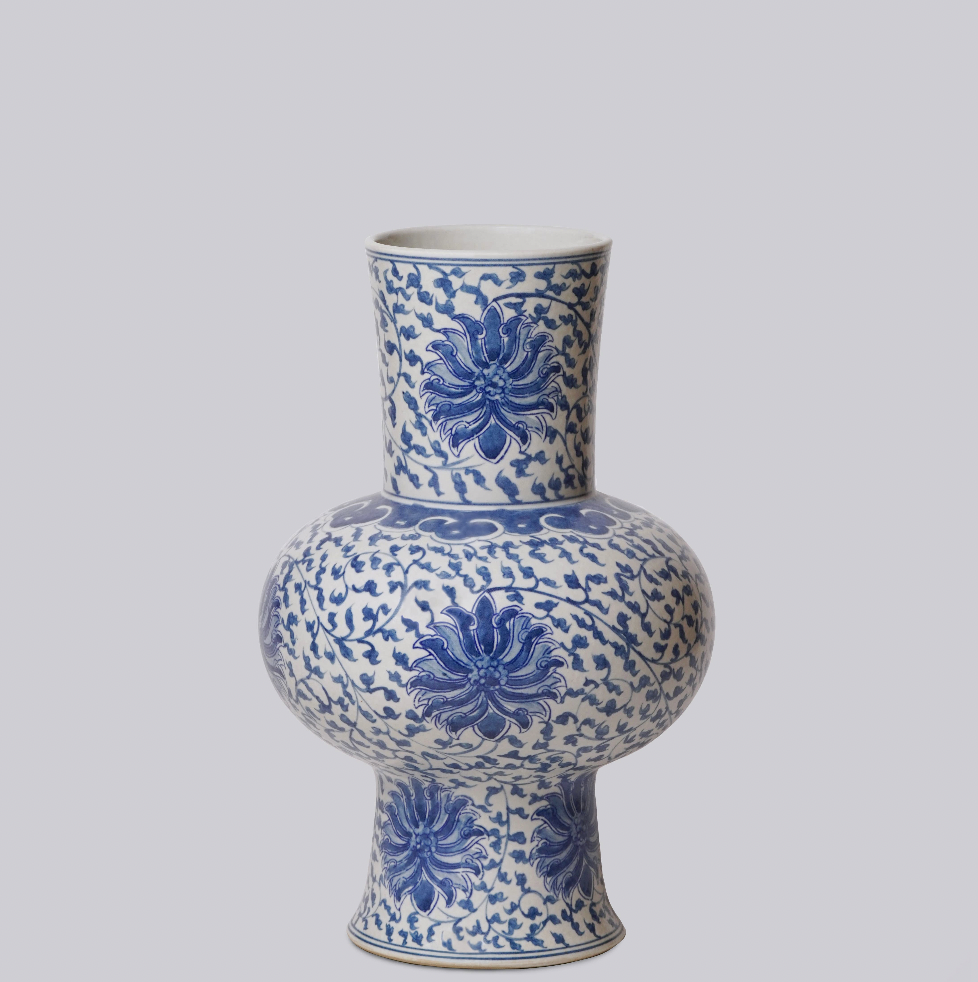 Blue and White Porcelain Scrolling Lotus Lantern Vase