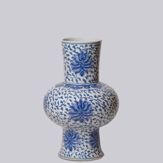 Blue and White Porcelain Scrolling Lotus Lantern Vase