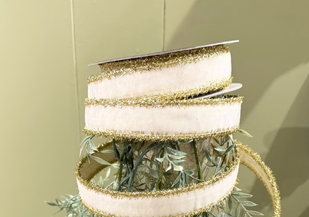 White Velvet Metallic Dupioni Double Fused Tinsel Edge Wired Ribbon