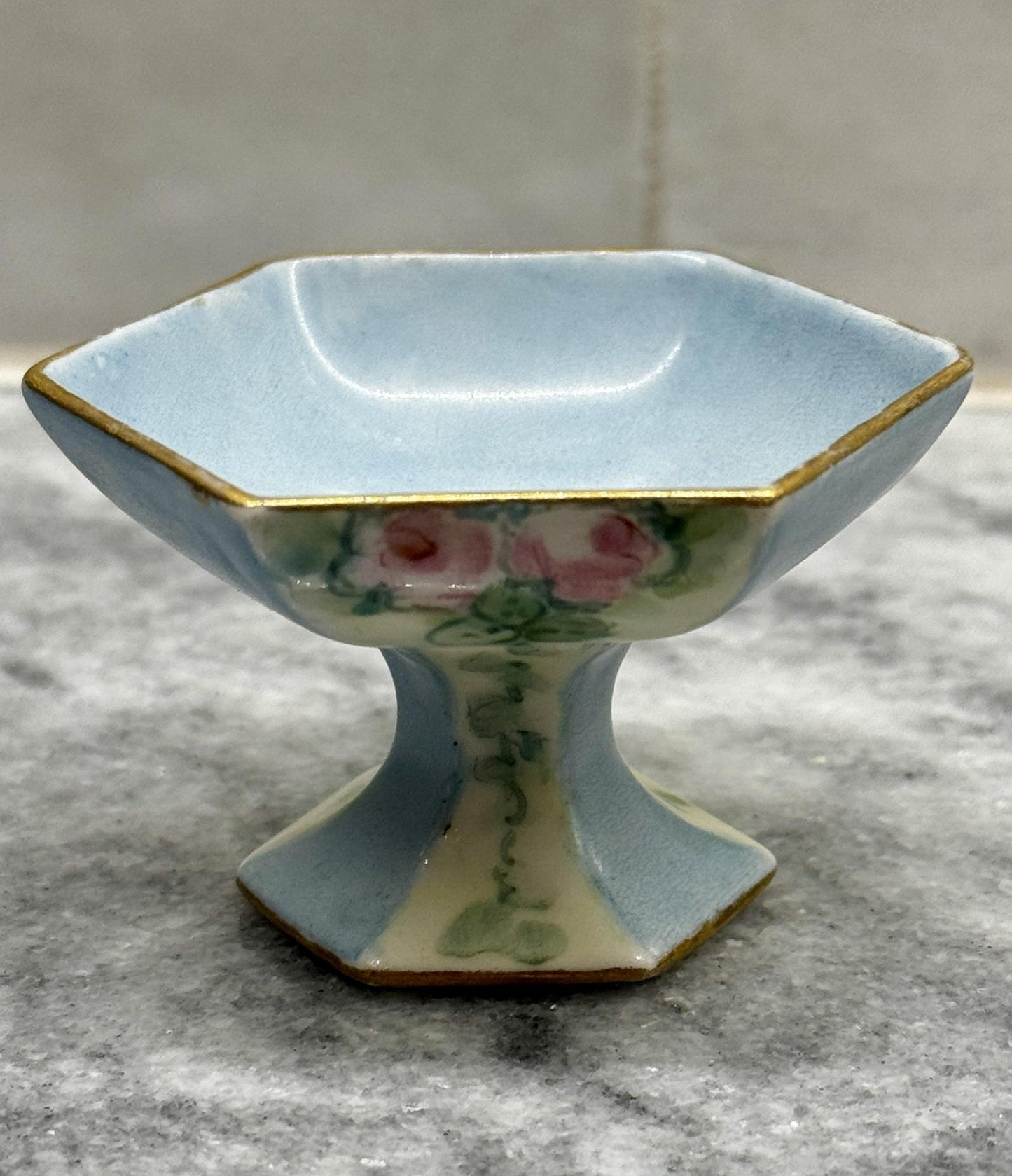 Vintage Blue Hexagon Shaped Pedestal with Flowers