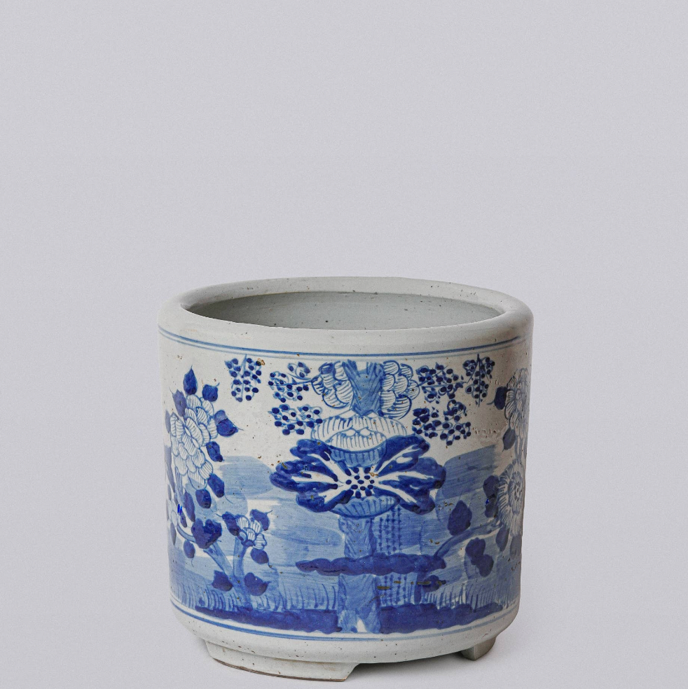 Blue and White Porcelain Four Seasons Footed Cachepot