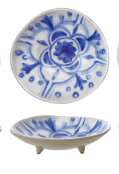 Blue + White Round Stoneware Footed Dish