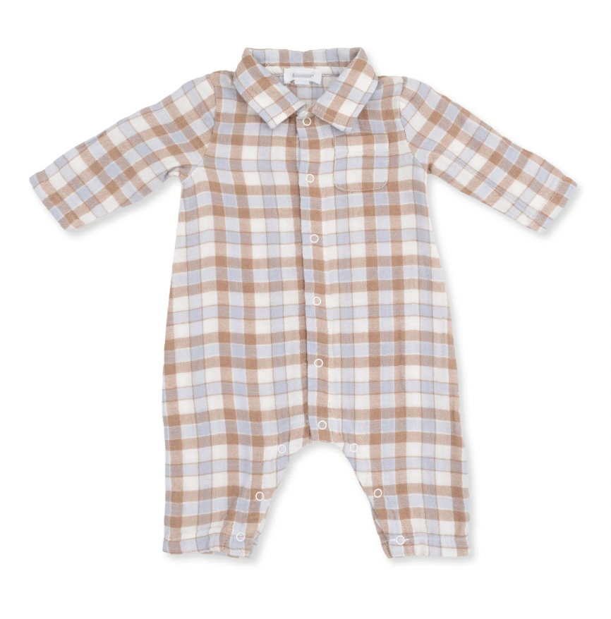 Western Plaid Long Sleeve Polo Romper
