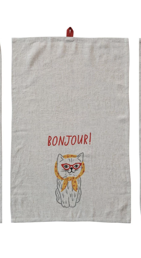 Linen Blend Printed Tea Towel with French Saying & Animal