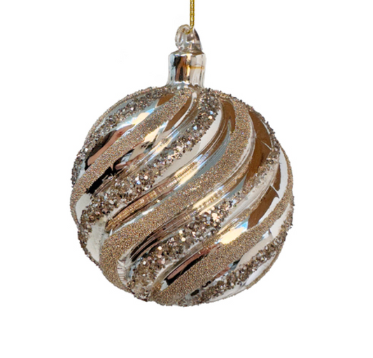 Whirl Silver Beaded Glass Ball Ornament