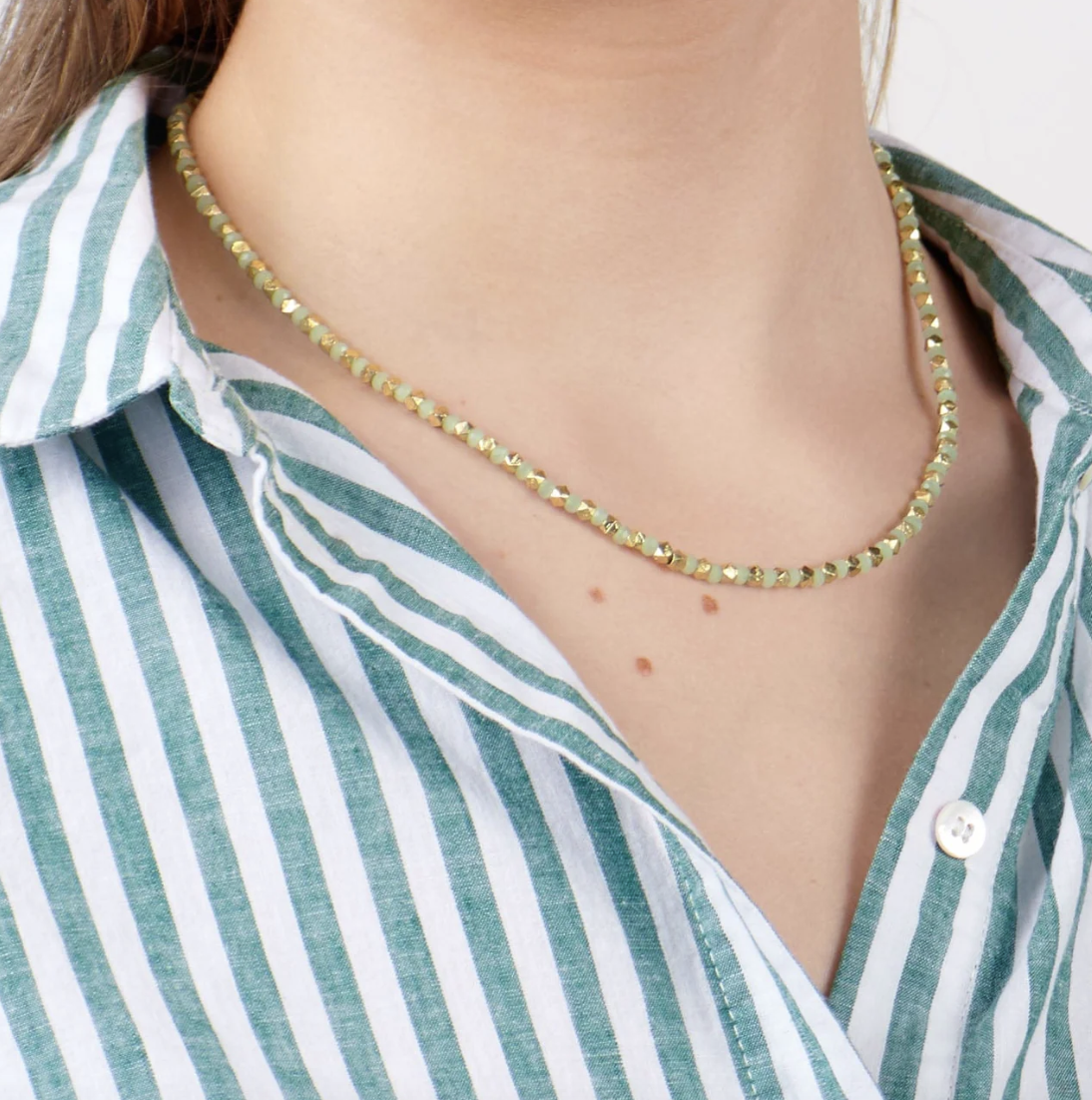 Mint + Gold Crystal Necklace With Alternating Brass Beads