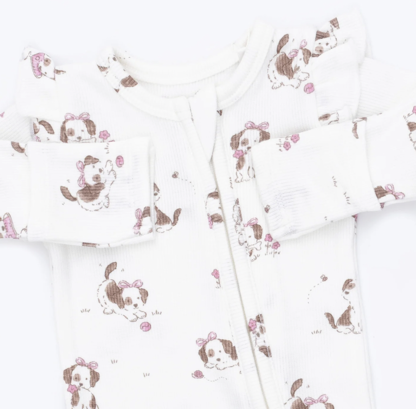 Pink Explorer Puppy Ruffle Sleeve Footie