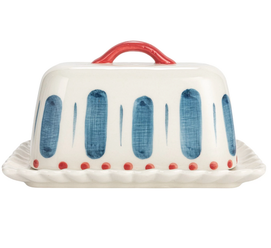 Hand-Painted Stoneware Butter Dish with Handle & Scalloped Edge