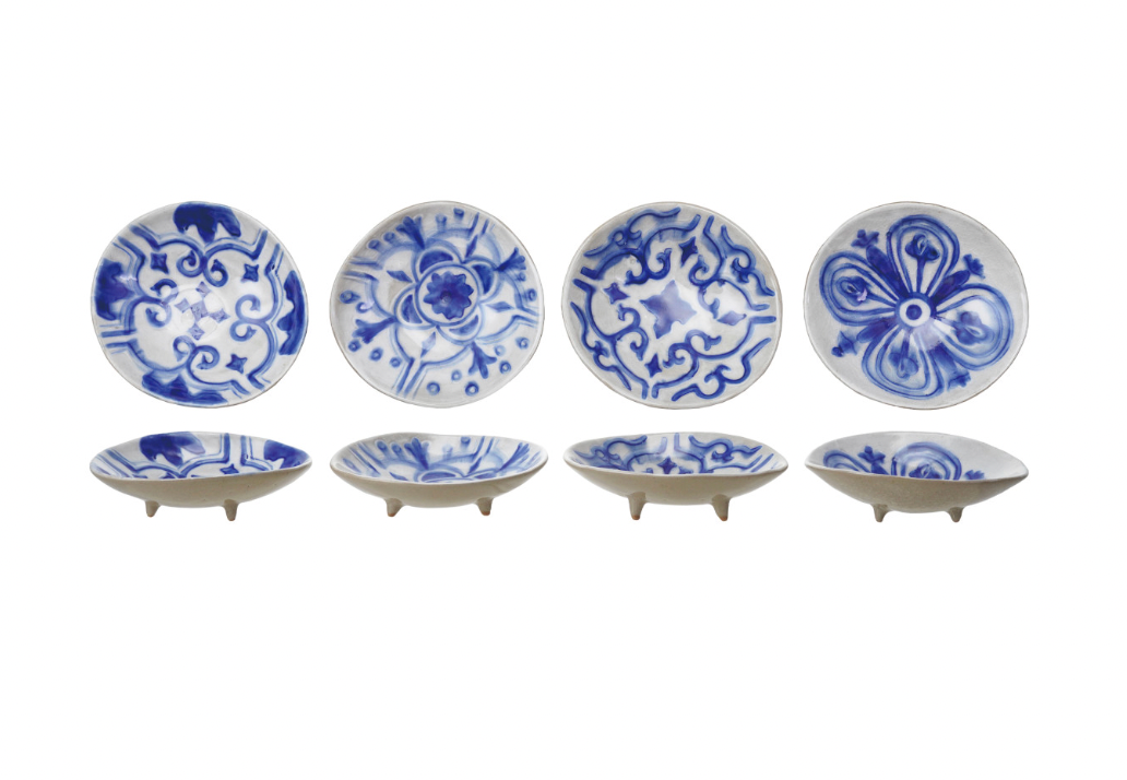 Blue + White Round Stoneware Footed Dish