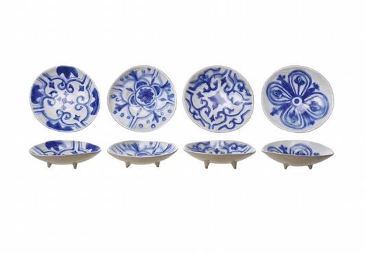 Blue + White Round Stoneware Footed Dish