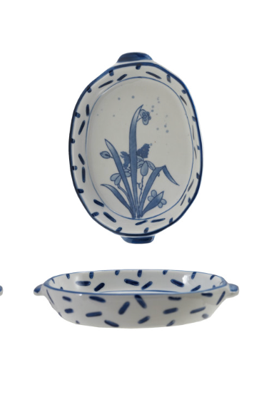 Hand-Painted Blue + White Stoneware Baker with Handles
