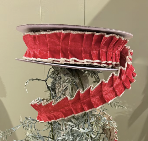 Red Velvet Pleated Metallic Dupioni Double Fused Wired Ribbon