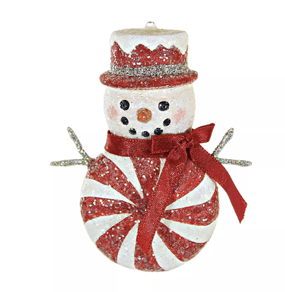 Red Peppermint Snowman Ornament