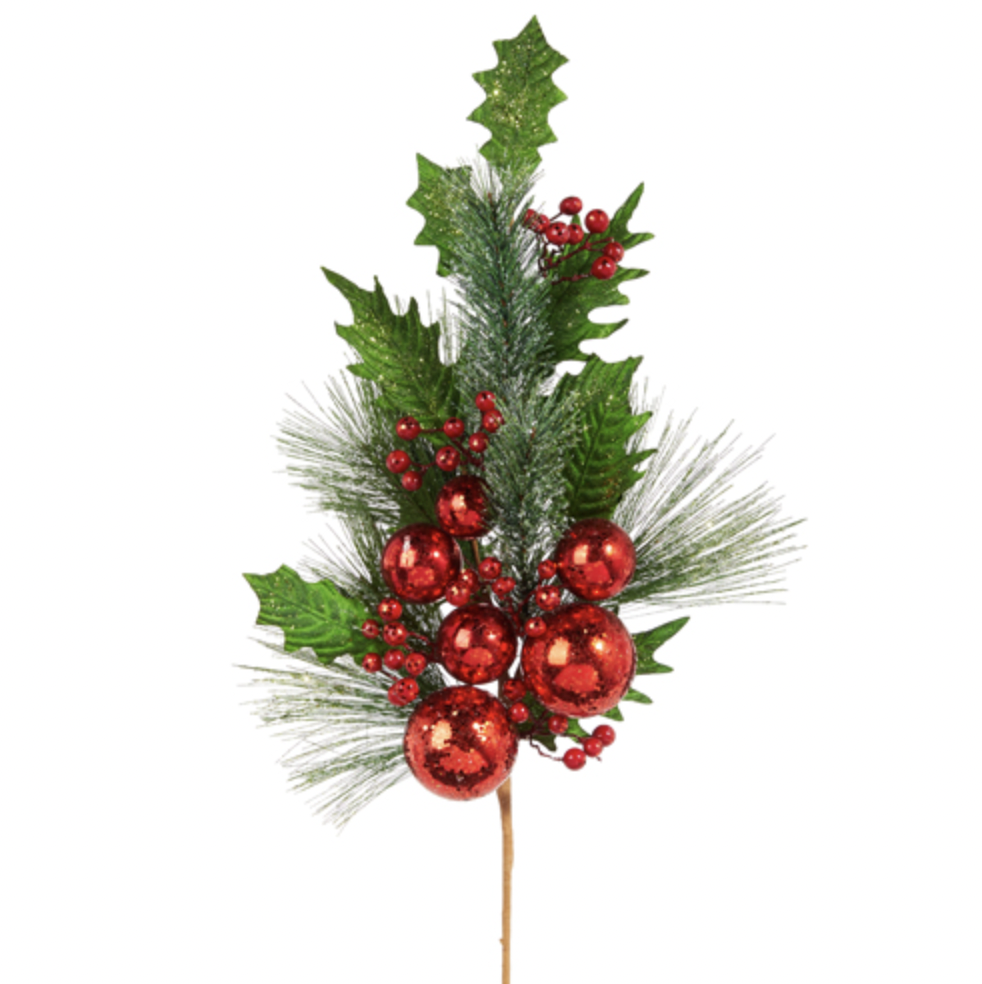 Pine Cone, Holly & Red Ball Ornament Spray