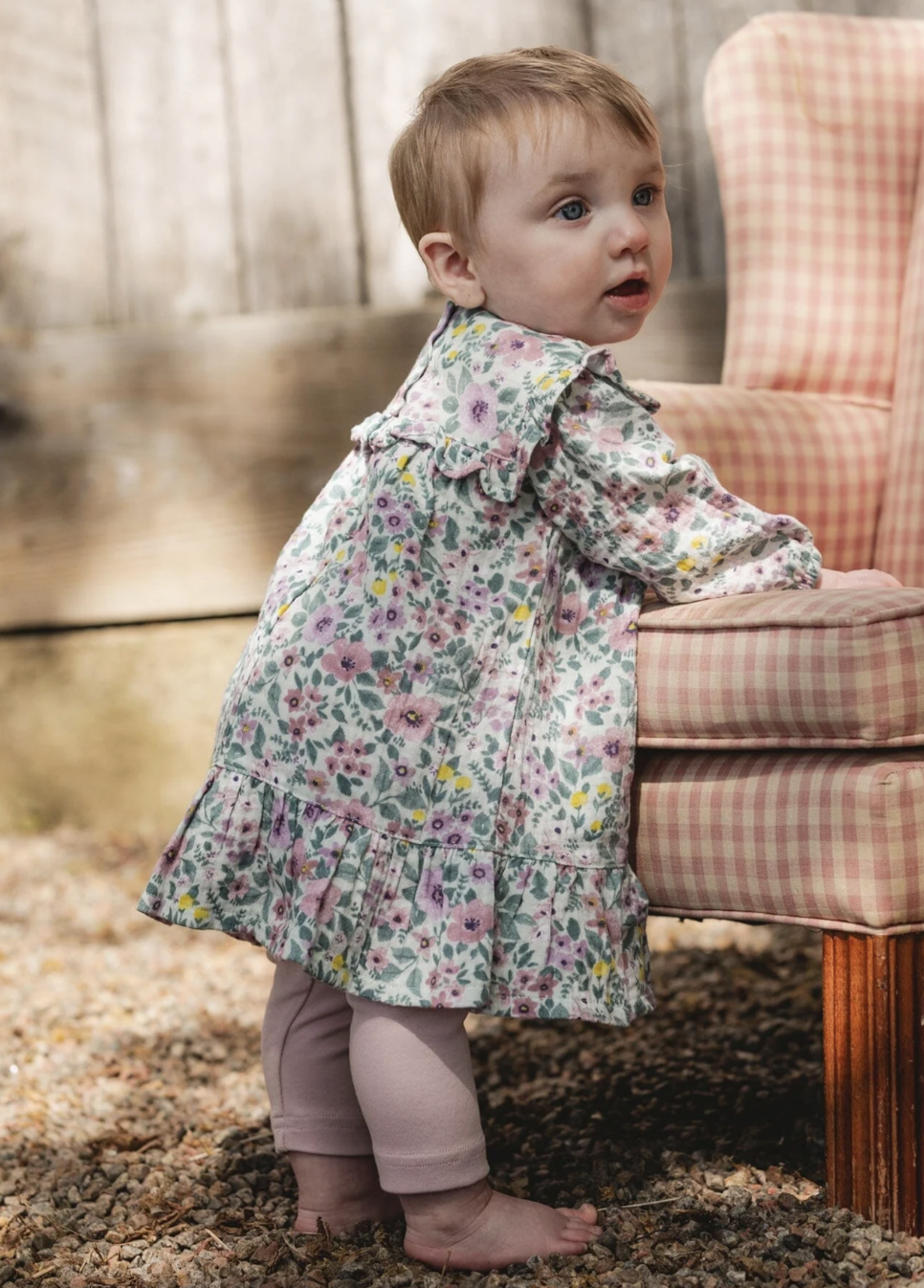 Printed Muslin Sage Floral Dress and Leggings Set