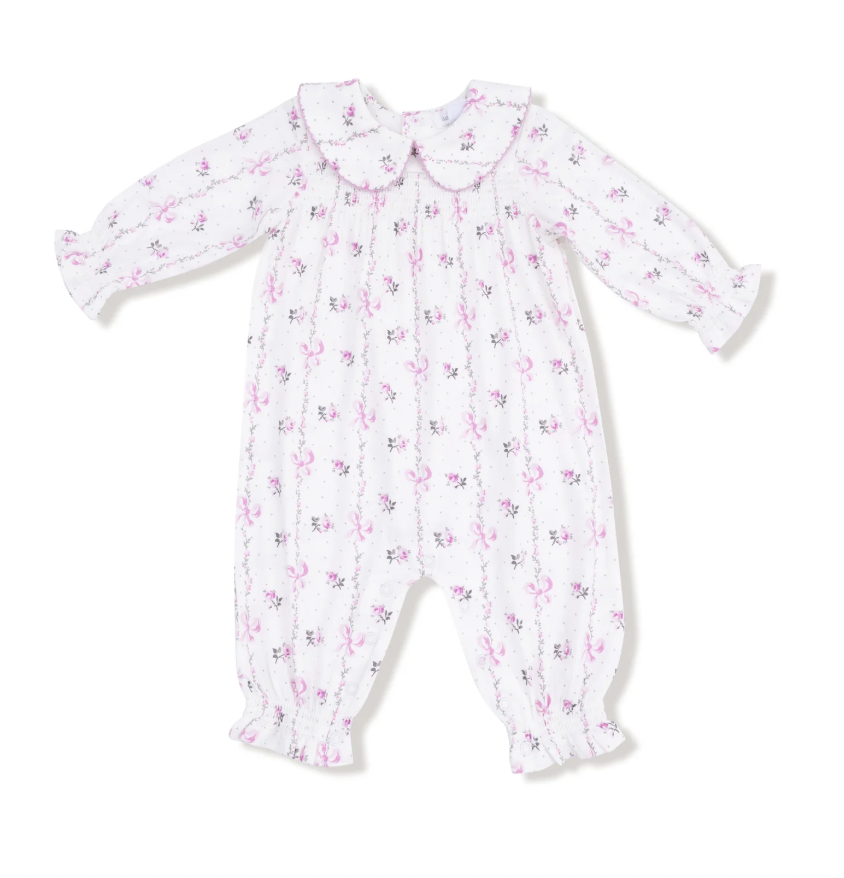Dainty Buds and Bows Stripe  Smocked Long Sleeve Romper with Peter Pan Collar