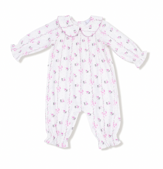 Dainty Buds and Bows Stripe Smocked Long Sleeve Romper with Peter Pan Collar