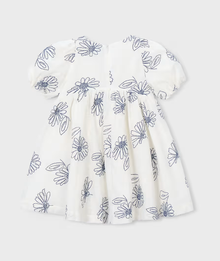 Puff Sleeve Dress with Embroidered Flowers