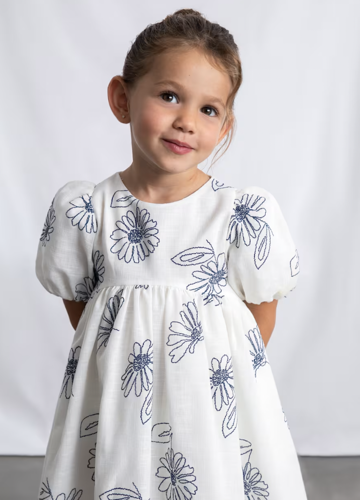 Puff Sleeve Dress with Embroidered Flowers