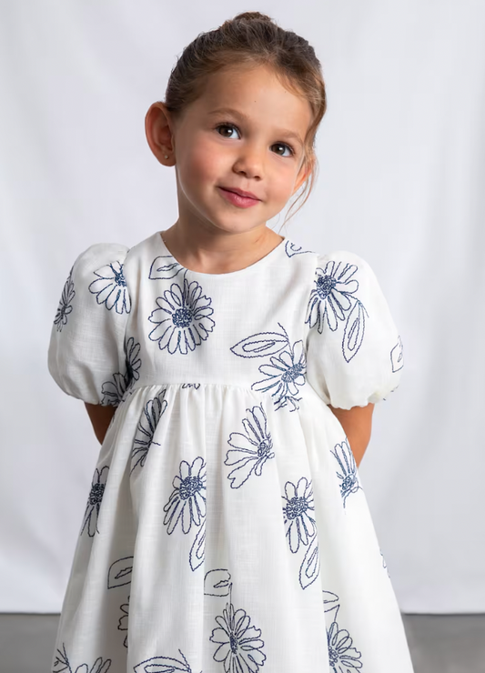 Puff Sleeve Dress with Embroidered Flowers