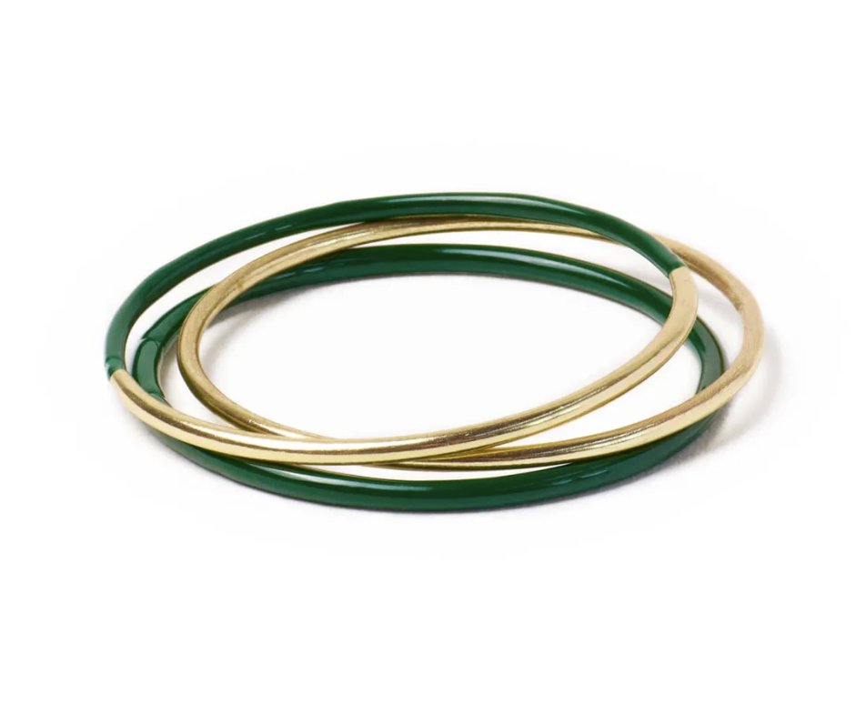 Green Enamel + Brass Bangles - Set of 3 Green