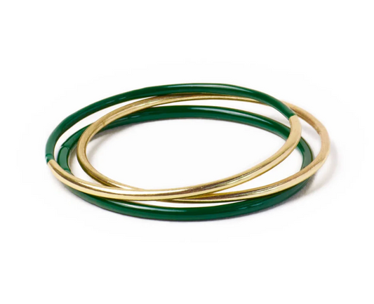 Green Enamel + Brass Bangles - Set of 3 Green