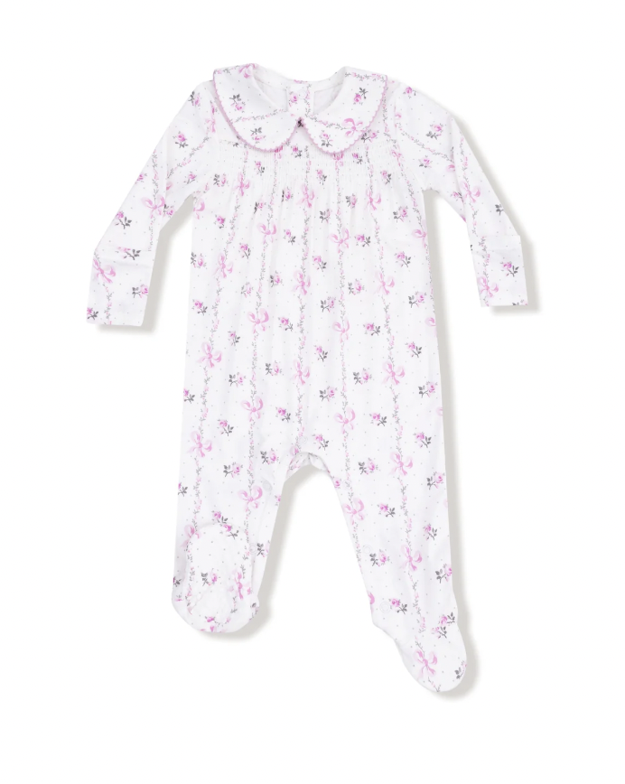 Dainty Buds and Bows Stripe  Smocked Peter Pan Snap Footie