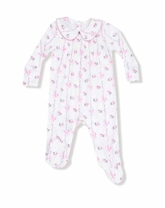 Dainty Buds and Bows Stripe Smocked Peter Pan Snap Footie