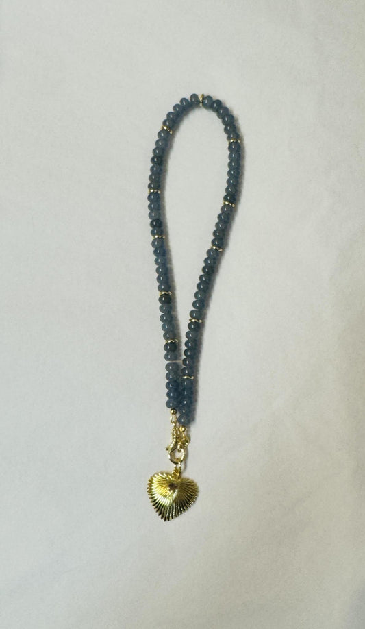 Blue Jade Necklace with Feathered Heart Charm