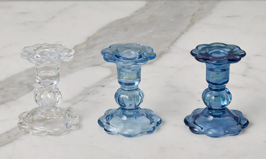 Glass Scalloped Candlesticks, Blue, Set of 3
