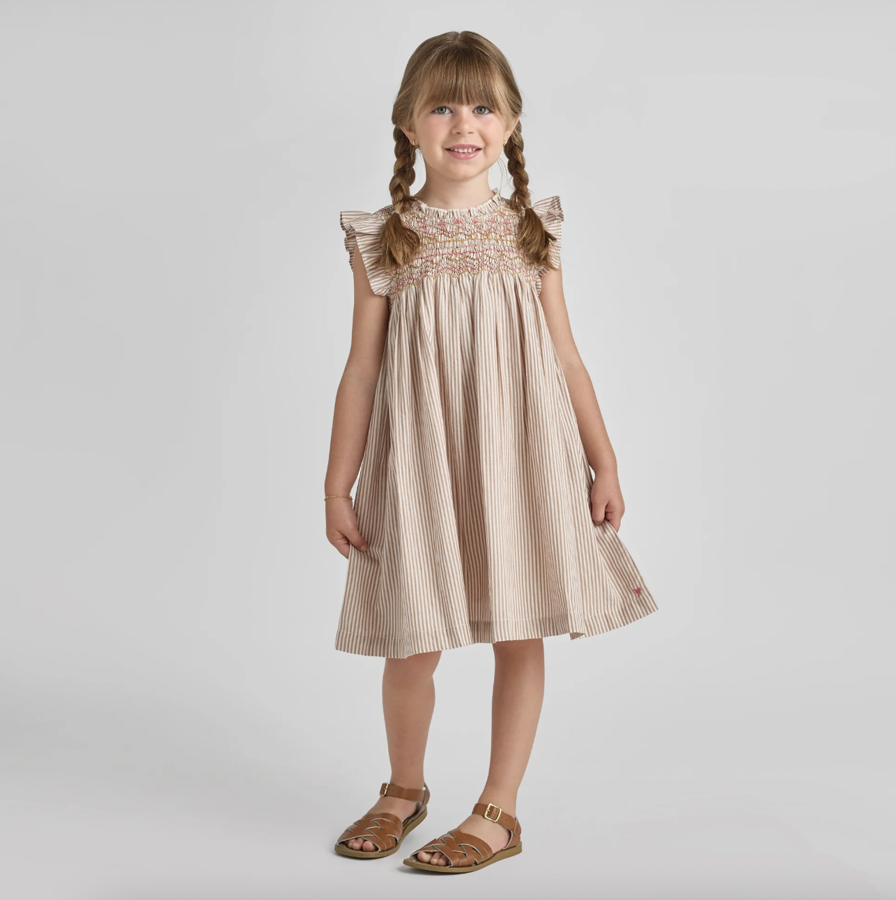 Tawny Brown Striped and Smocked Stevie Dress