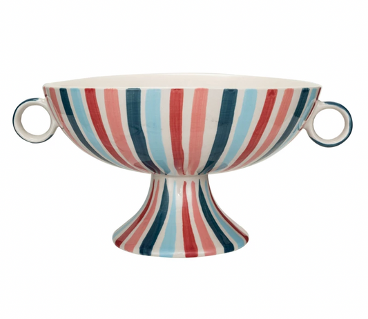 Hand-Painted Stoneware Footed Bowl with Handles