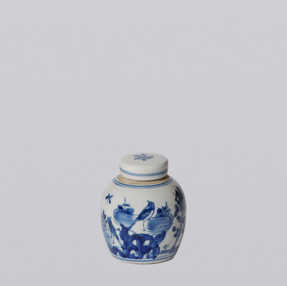 Blue and White Porcelain Mini Bird and Flower Round Jar
