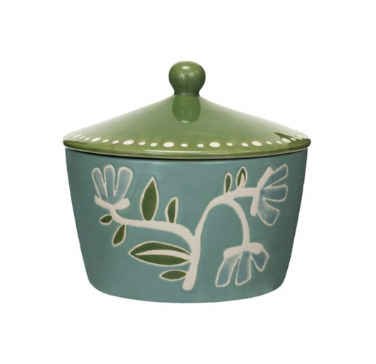 Hand-Painted Stoneware Canister with Wax Relief Flowers