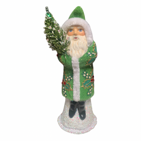 Ino Schaller Green Beaded Holly Leaf Santa Paper Mache
