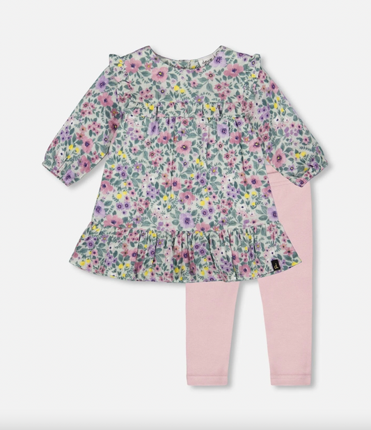 Printed Muslin Sage Floral Dress and Leggings Set