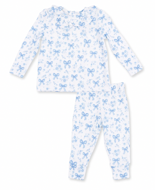 Blue Bows + Flowers Long Sleeve Ruffle Top and Pant