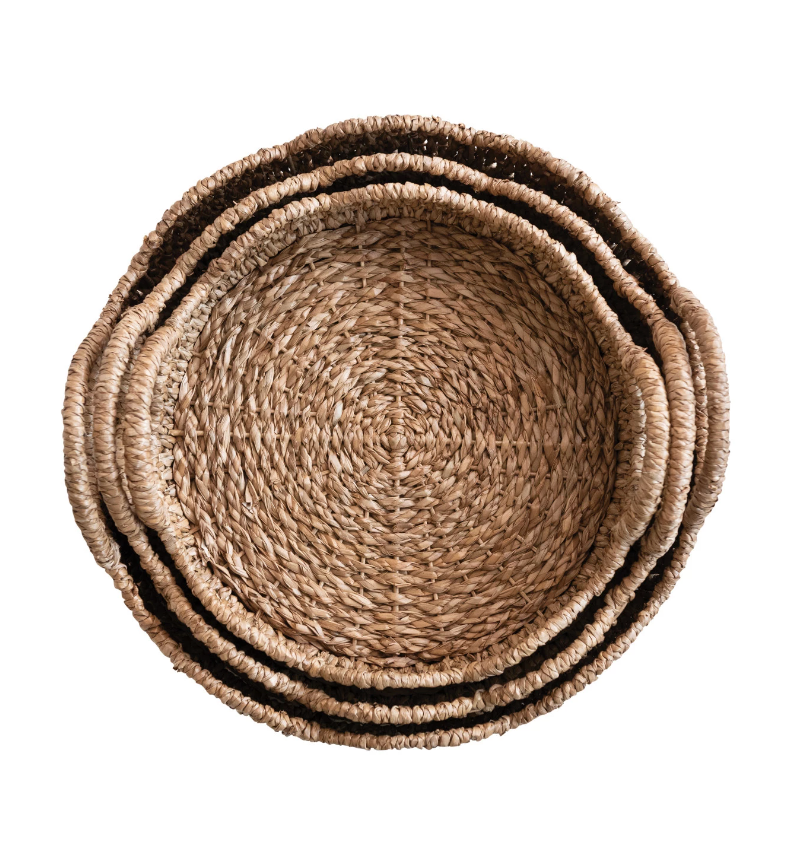 Braided Rattan Trays with Scalloped Edge & Handles