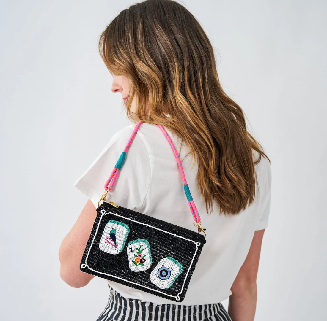 Mahjong Beaded Clutch With Strap
