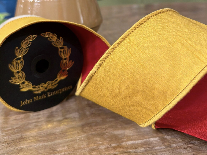 Dupioni Double Fused Mustard/Red Wired Ribbon