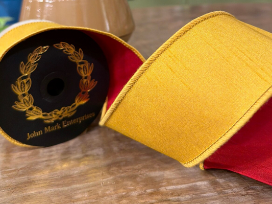 Dupioni Double Fused Mustard/Red Wired Ribbon