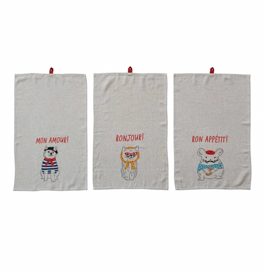 Linen Blend Printed Tea Towel with French Saying & Animal