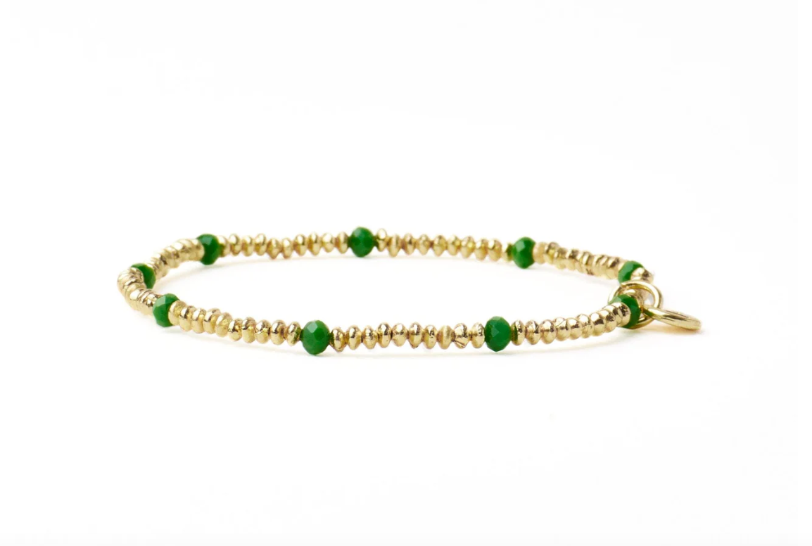 Green Crystal + Brass Beaded Bracelet