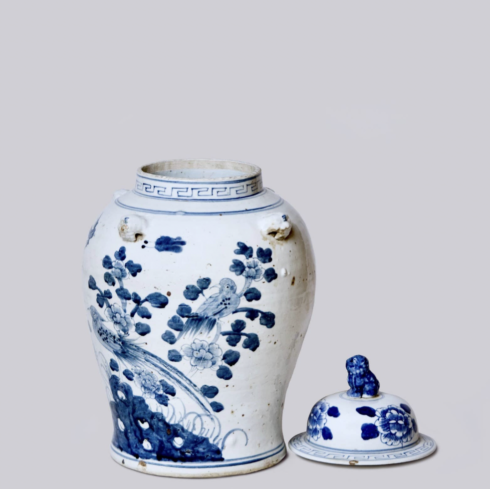 Bird and Flower Blue and White Porcelain Temple Jar
