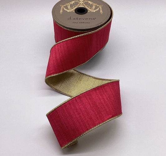 Hot Pink Wired Slub Dupioni Ribbon with Gold Backing