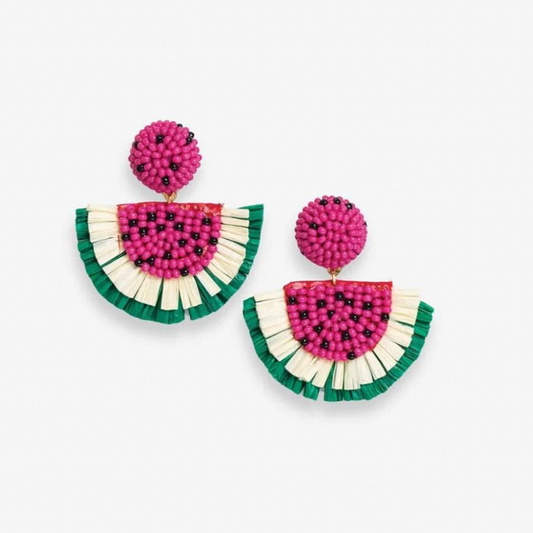Hot Pink Watermelon Raffia Drop Earrings