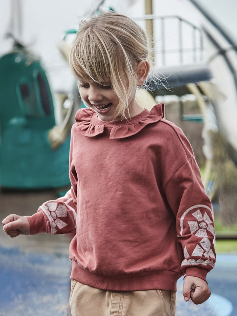 Sweatshirt with Ruffle Collar + Embroidered Sleeves