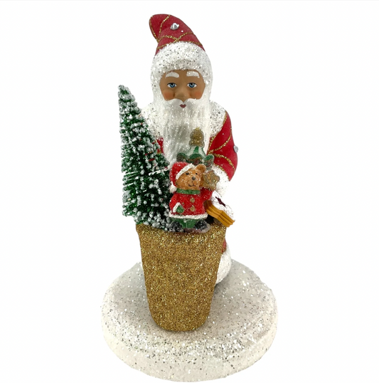 Ino Schaller Red Santa with Gold Basket and Tree Paper Mache Candy Container