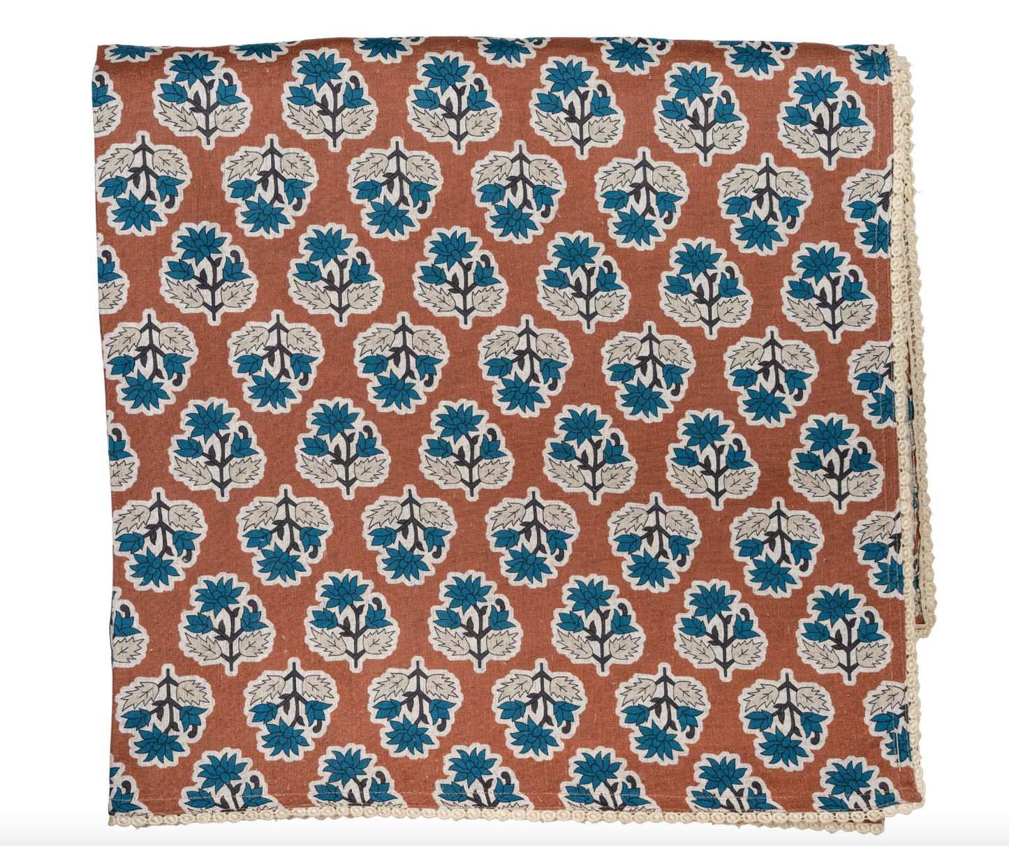 Cinnamon Brown + Blue Flowers Tablecloth with Floral Lace Edge