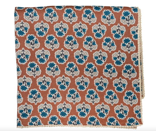 Cinnamon Brown + Blue Flowers Tablecloth with Floral Lace Edge